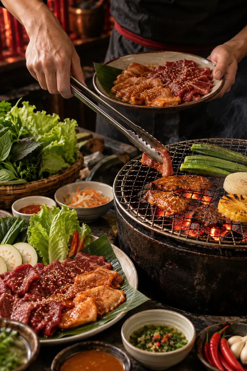 Đầu bếp chuẩn bị thịt và rau bên bếp nướng than