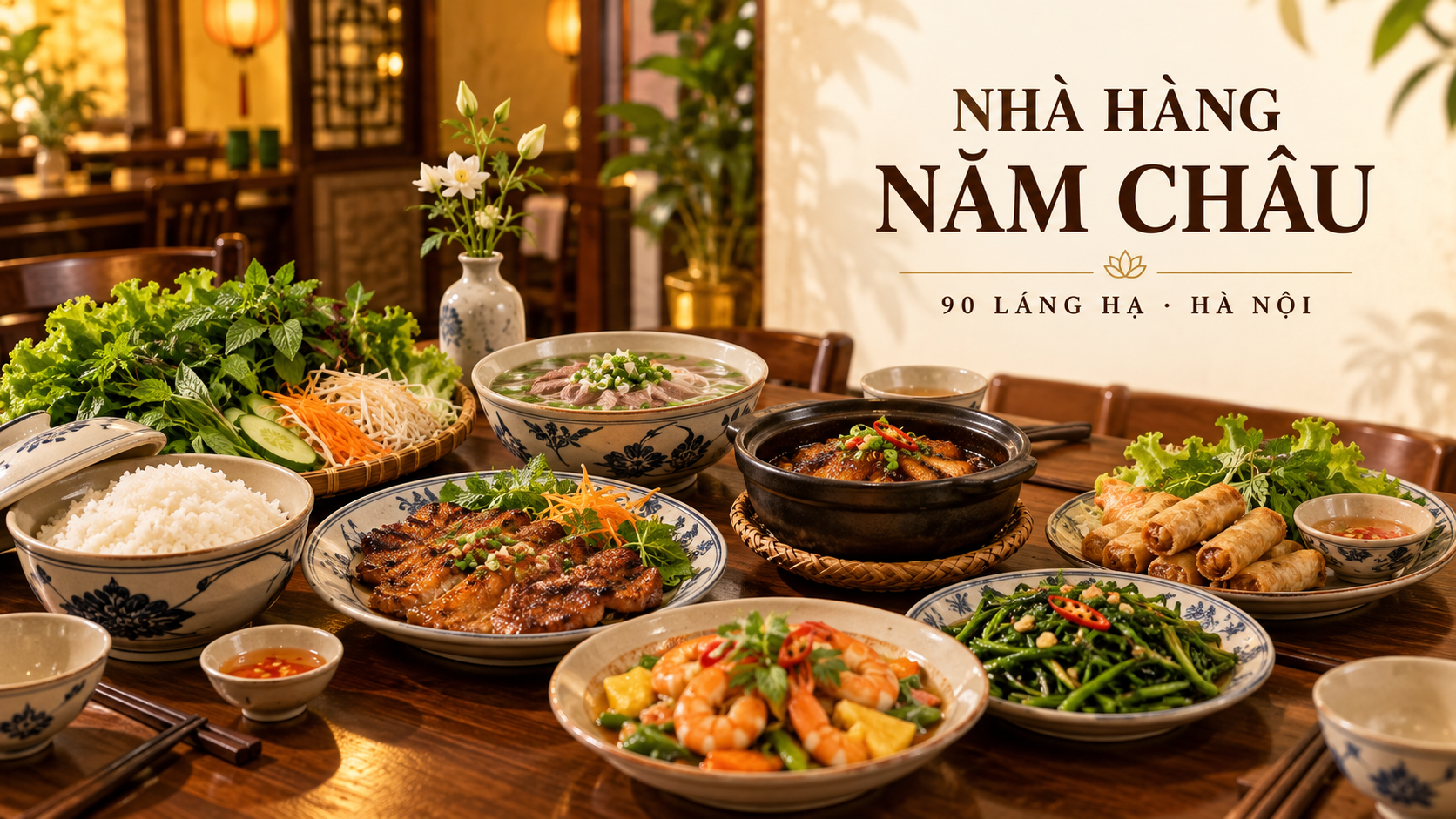 Bàn tiệc món Việt ấm cúng tại Nhà Hàng Năm Châu